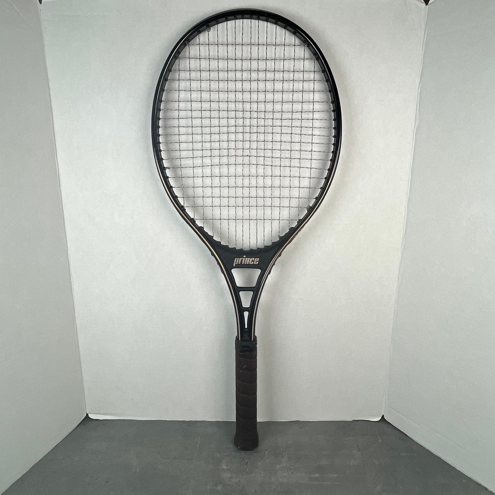 Vintage 1979 Prince Pro Black with Gold Trim Tennis Racquet 4 -3/8" Brown‎ Grip